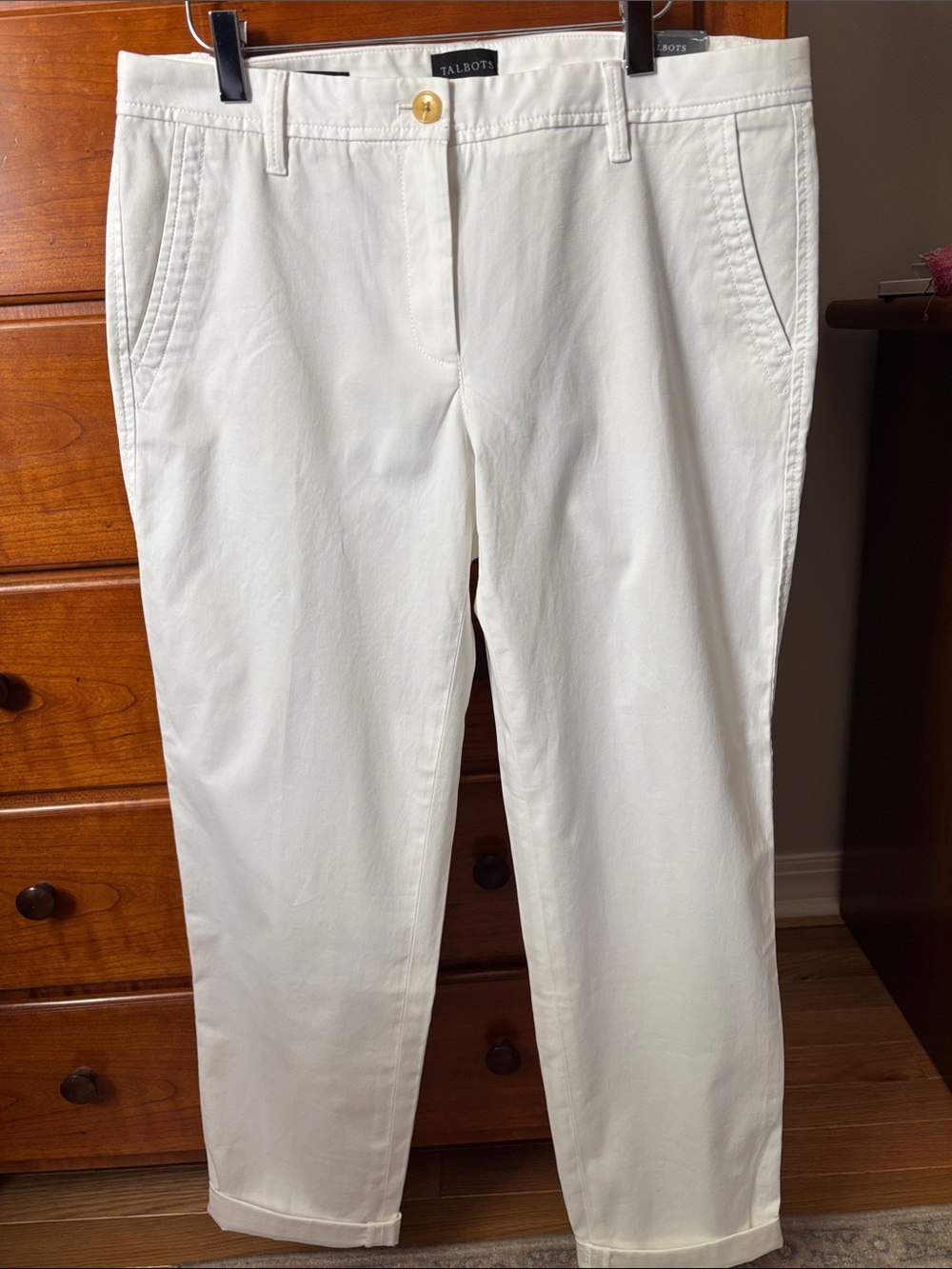 Talbots White Cropped Straight-Leg Cotton Pants with Gold Button